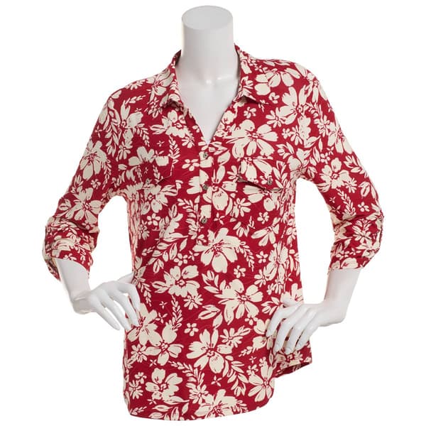Womens Emily Daniels 3/4 Sleeve Floral 2 Pocket Henley Blouse