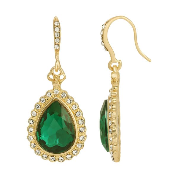 1928 Gold Tone Victorian Green Teardrop Earrings - image 