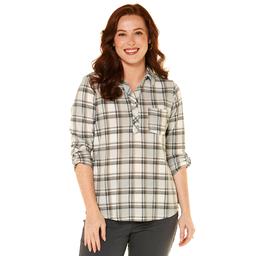 Petite  Emily Daniels 3/4 Sleeve Plaid Hacci Blouse - Grey/Ivory