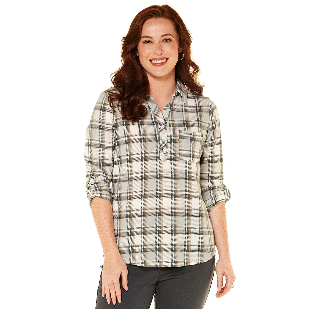 Womens Emily Daniels 3/4 Sleeve Plaid Hacci Blouse - Grey/Ivory