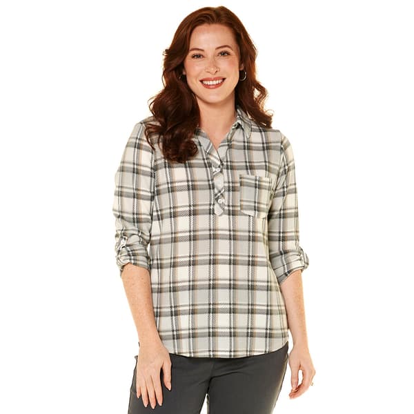 Plus Size Emily Daniels 3/4 Sleeve Plaid Hacci Blouse- Grey/Ivory