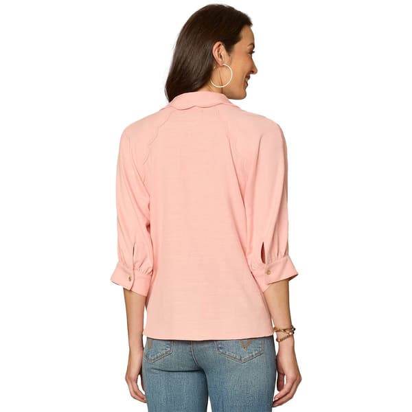 Plus Size Democracy Elbow Sleeve V Neck Snap Front Woven Blouse