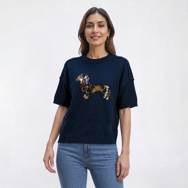 Womens Rio & Rian Drop Shoulder Sequin Weiner Dog Sweater - image 