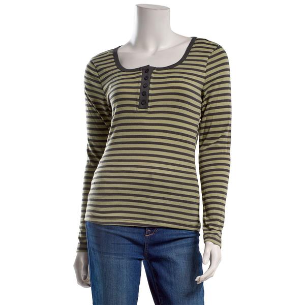 Juniors No Comment Long Sleeve Stripe Rib Henley Top - image 