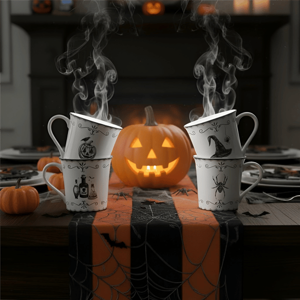 222 Fifth Elegant Haunting 4pc. White Porcelain Halloween Mug Set - image 