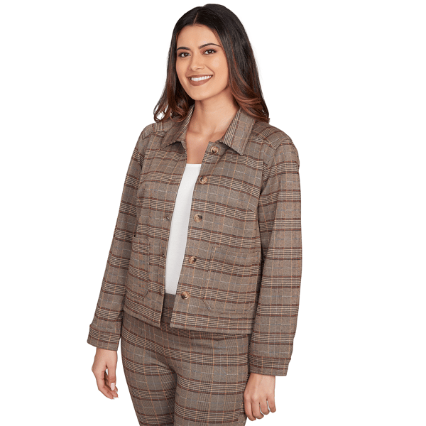 Womens Hearts of Palm Neutral Ground Long Sleeve Plaid Jacket