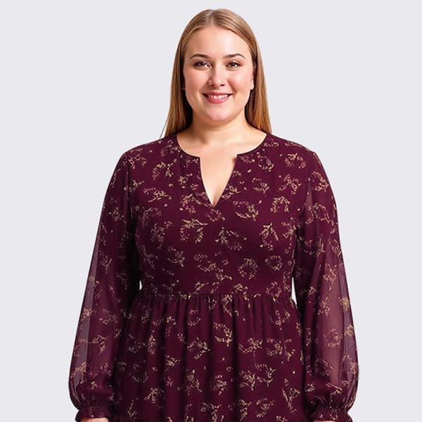 Plus Size Perceptions Long Sleeve Floral Chiffon Babydoll Dress
