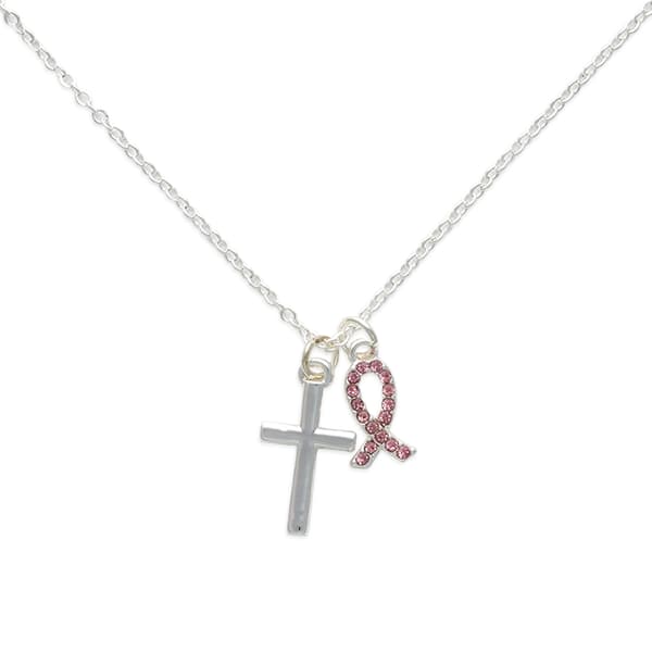 Breast Cancer Awareness Cross & Ribbon Rhinestone Charm Necklace - image 