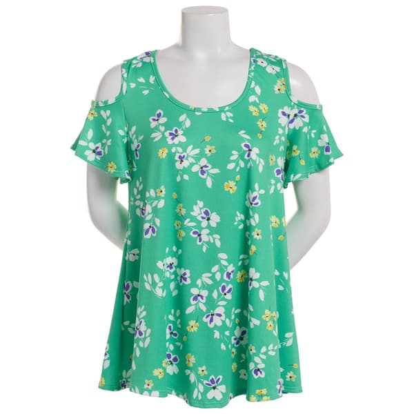 Womens C''est La Vie Short Sleeve Floral Cold Shoulder Blouse - image 