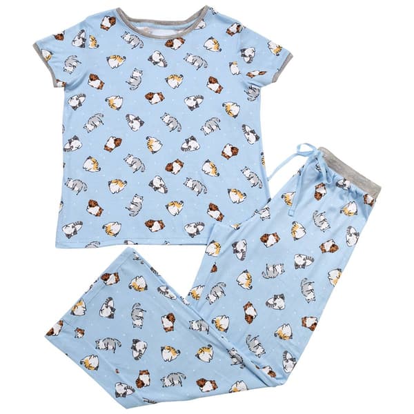 Womens Pillow Talk Short Sleeve Cats Printed Ankle Pant Pajama