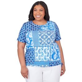 Plus Size Alfred Dunner Blue Bayou Knit Patchwork Ikat Top