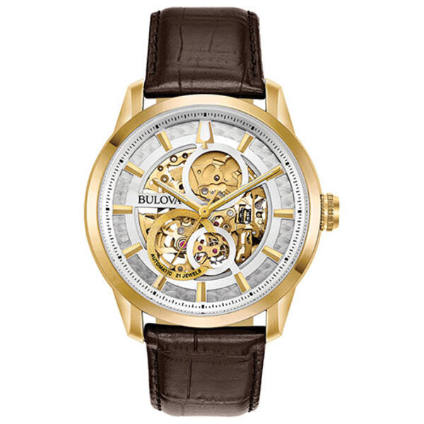Mens Bulova Skeleton Dial Leather Strap Watch - 97A138 - image 