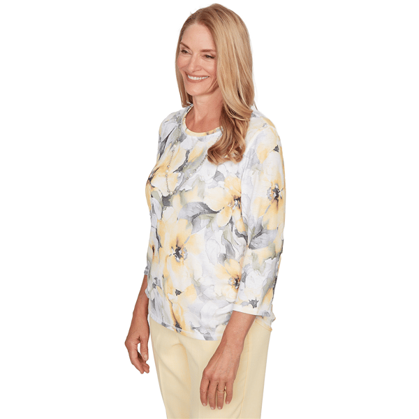 Petite Alfred Dunner Al Fresco Watercolor Floral Ruched Blouse