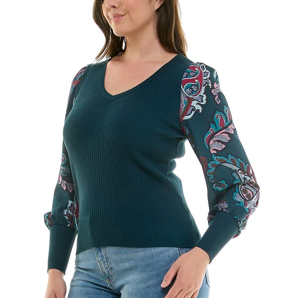 Womens Zac & Rachel Long Paisley Sleeve Rib Knit Sweater