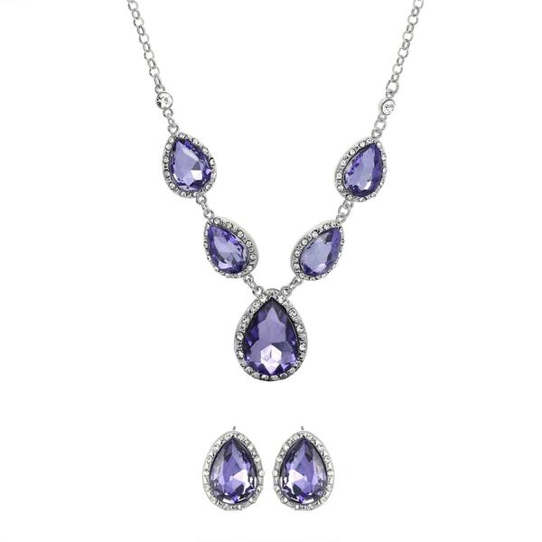 Roman Amethyst Glass Teardrop Dangle Earrings & Necklace Set - image 