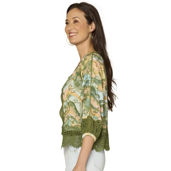 Womens Democracy 3/4 Blouson Sleeve Open Front Crochet Cardigan