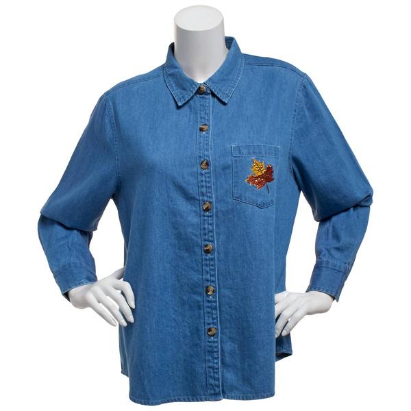 Womens Hasting & Smith Leaf Embroidery Denim Button Down - image 
