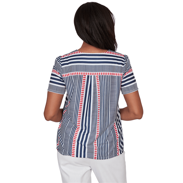 Petite Alfred Dunner Port Side V Neck Splice Stripe Blouse