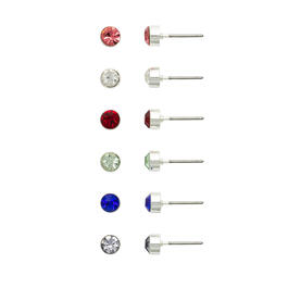 Design Collection 6pr. Silver Multi Color Crystal Stud Earrings