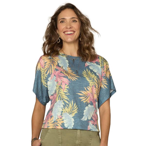 Womens Democracy Dolman Sleeve Scalloped Neck Print Knit Top - image 