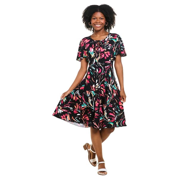 Plus Size Sami & Jo Flutter Sleeve Tie Neck Abstract A-Line Dress