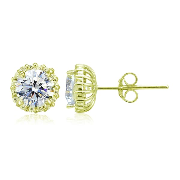 Gold Plated Over Sterling Silver Cubic Zirconia Halo Earrings - image 