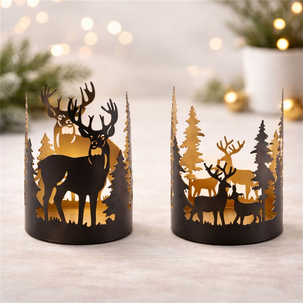 Melrose Cut Metal Deer & Forest Candle Holder - Set of 2