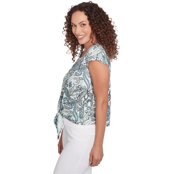 Womens Emaline Key Items Cap Sleeve Tie Front Paisley Tee