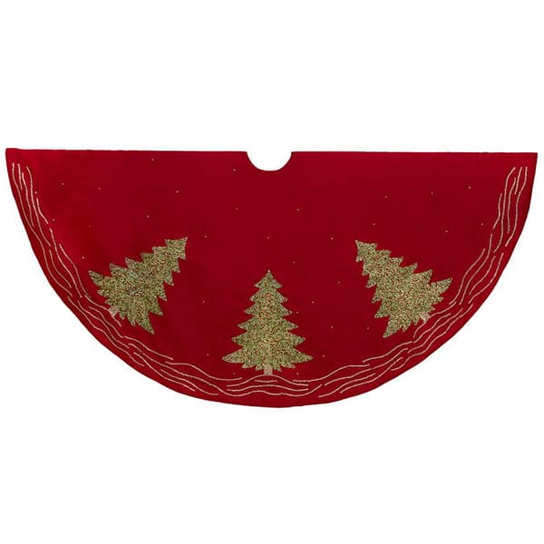 Kurt S. Adler 60in. Red Tree Skirt with Green Embroidered Trees - image 
