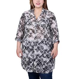 Plus Size NY Collection 3/4 Roll Sleeve Long Neutral Sheer Tunic