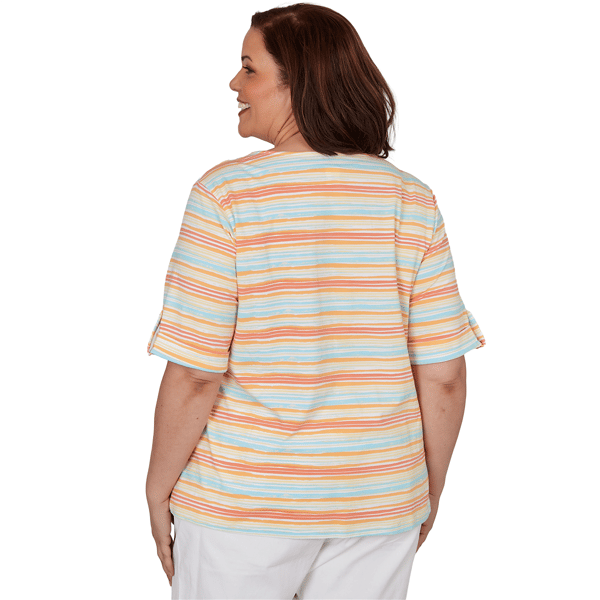 Plus Size Hearts of Palm Fun in the Sun Roll Tab Stripe Blouse