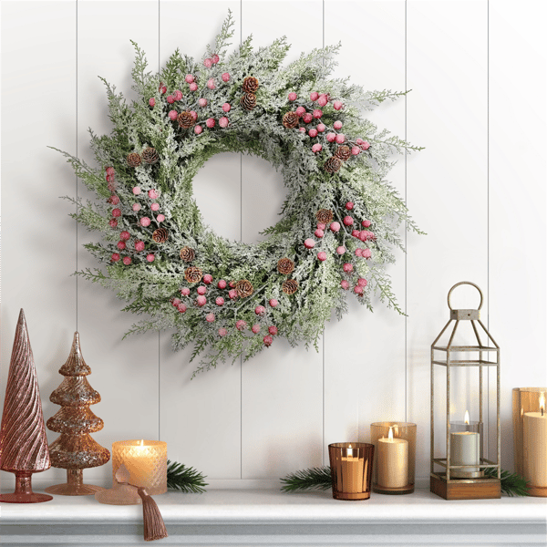 Puleo International Pre-Lit Flocked Wreath Adorned with Pinecones