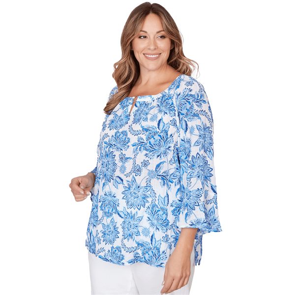 Plus Size Hearts of Palm Embraceable Blue Floral Crinkle Blouse