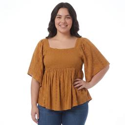 Juniors Plus Solid Eyelet Square Neck Smock Bodice Top