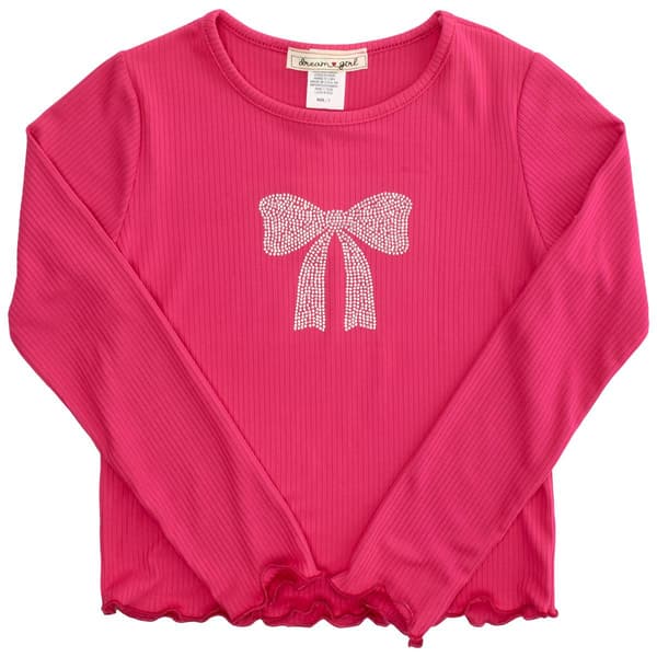 Girls &#40;7-12&#41; Dream Girl Long Sleeve Rhinestone Bow Baby Tee - image 