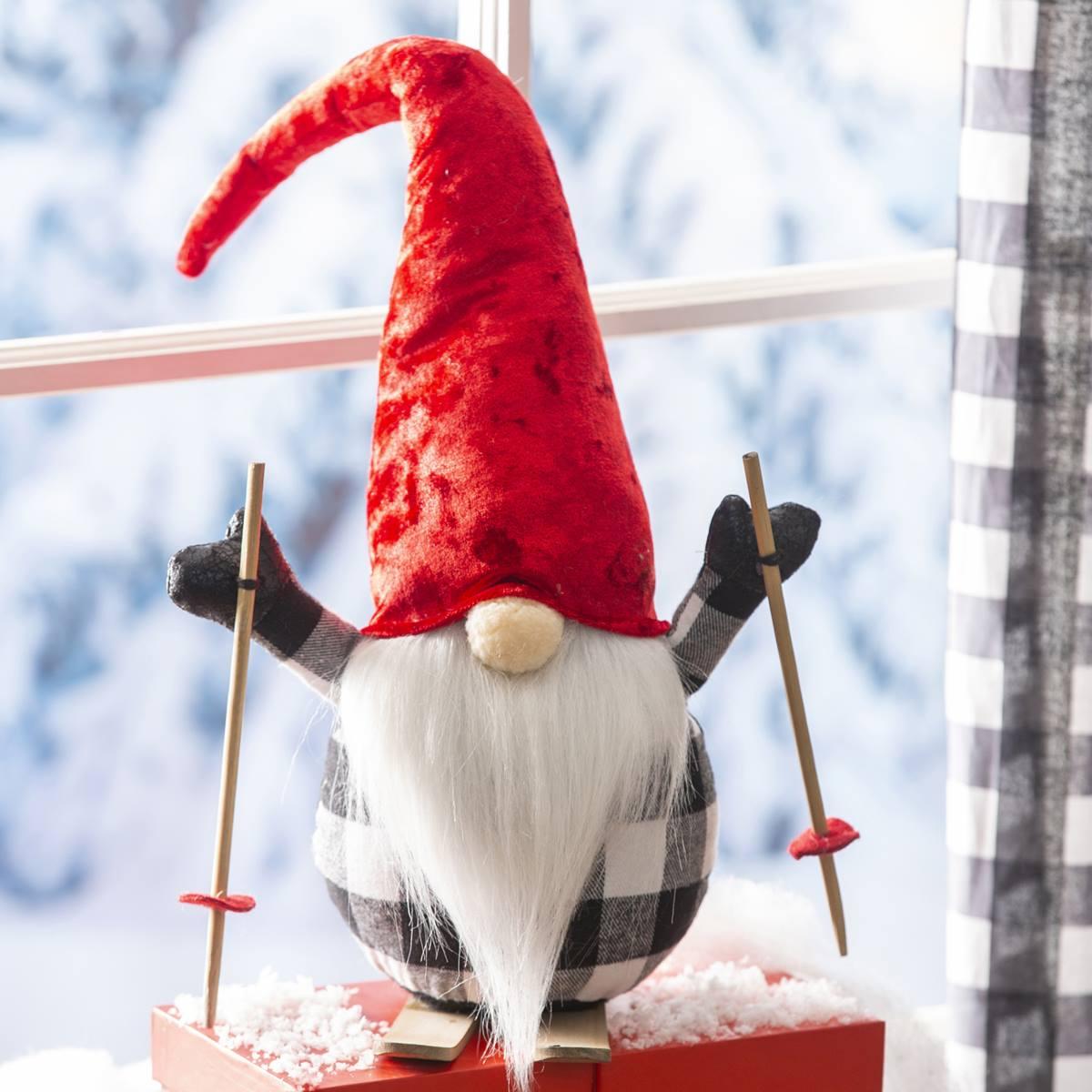 Evergreen Plush Skiing Gnome with Red Hat Table Decor