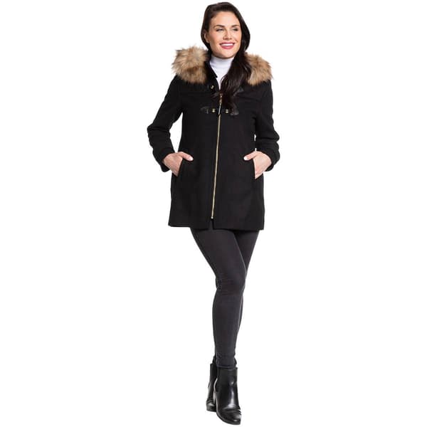 Plus Size Nine West Hooded Wool Blend Toggle Coat w/Faux Fur Trim - image 