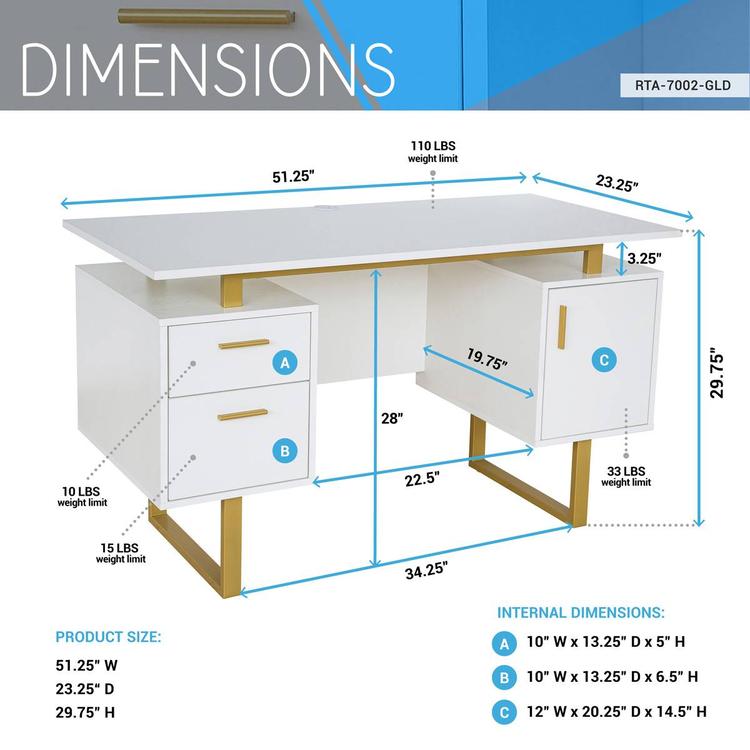 Techni Mobili 51in. White & Gold Office Desk w/Drawers & Storage