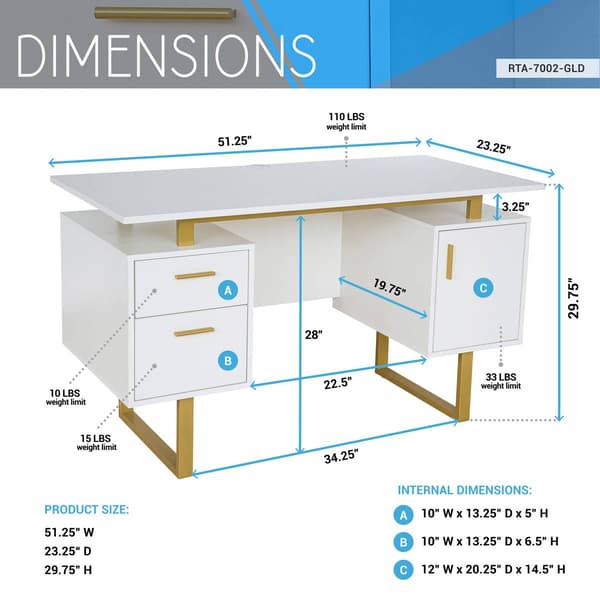Techni Mobili 51in. White & Gold Office Desk w/Drawers & Storage