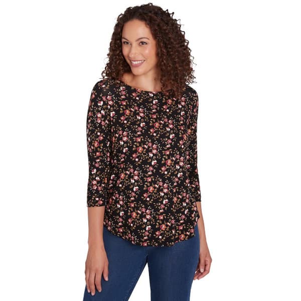 Petite Emaline Key Items 3/4 Sleeve Floral Boat Neck Tee