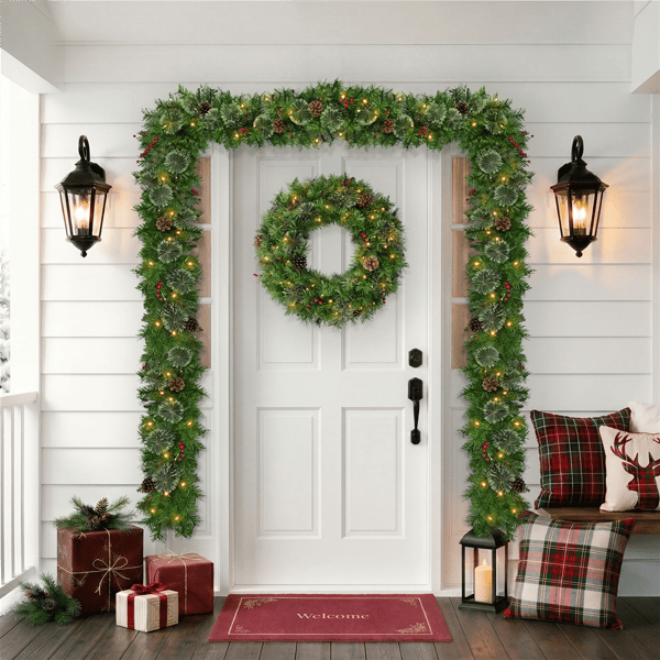 Puleo International 24in. Pre-Lit Pinecone& Berries Pine Wreath