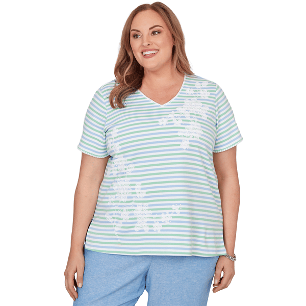 Plus Size  Alfred Dunner Caribbean Blues Stripe Floral Tee