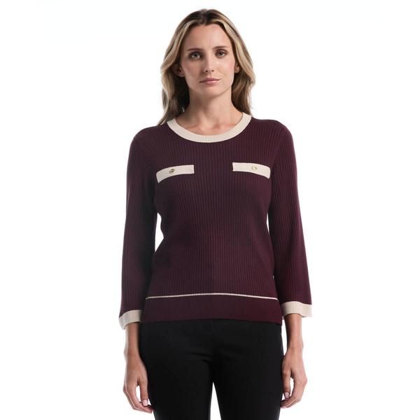 Petite Rafaella(R) Contrast Trim Long Sleeve Sweater - image 