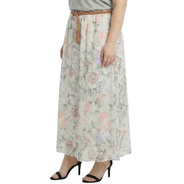 Plus Size NY Collection Floral Chiffon Belted Waist Maxi Skirt
