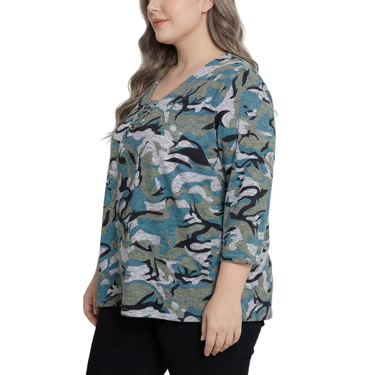 Plus Size NY Collection 3/4 Sleeve Abstract O-Ring V Neck Blouse