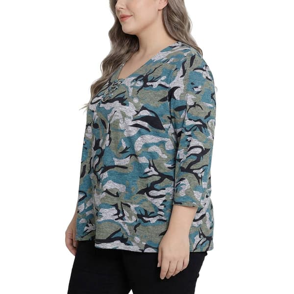 Plus Size NY Collection 3/4 Sleeve Abstract O-Ring V Neck Blouse