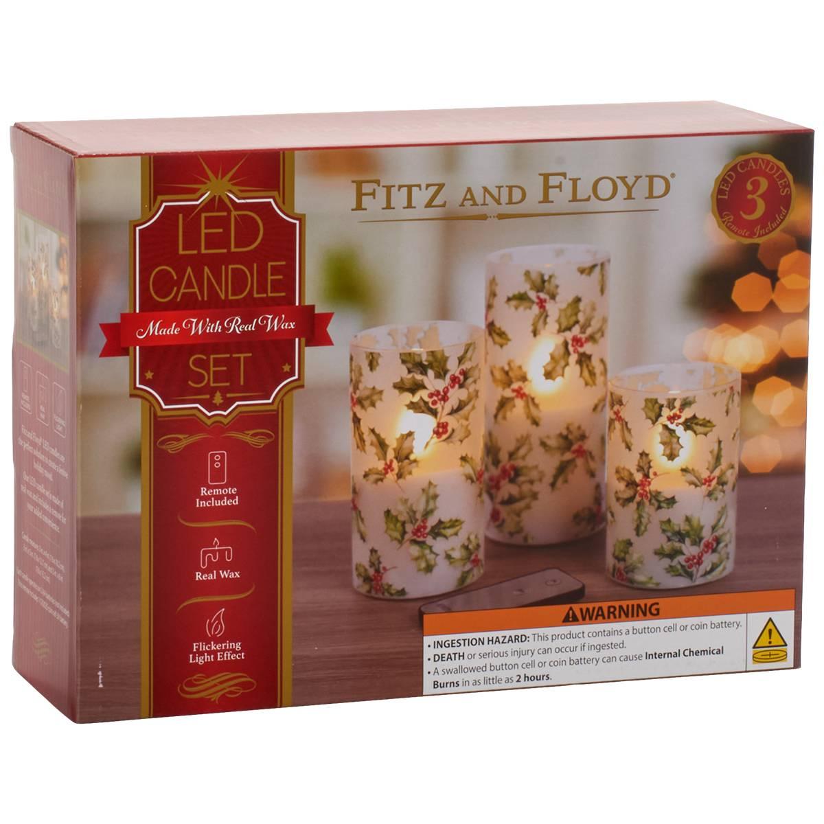 Fitz and Floyd Holly LED Wax Filled Glass Candle - Set of 3