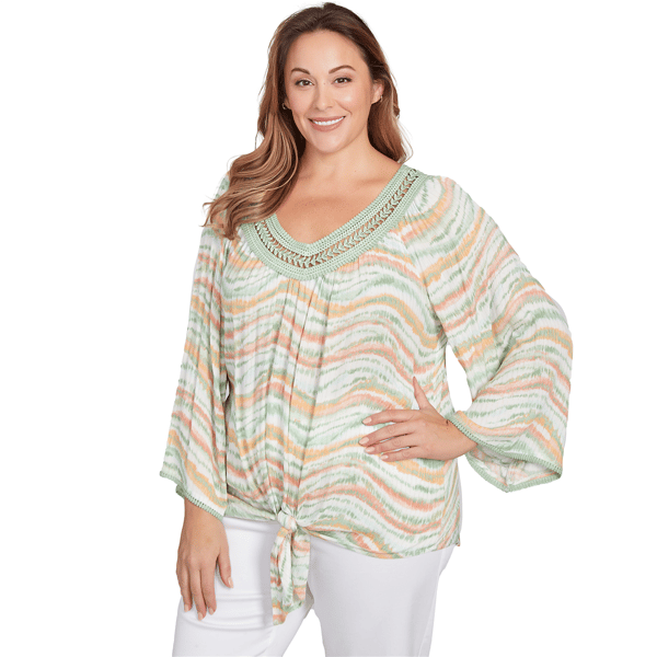 Plus Size Ruby Rd. Tropical Oasis Crochet V-Neck Stripe Blouse