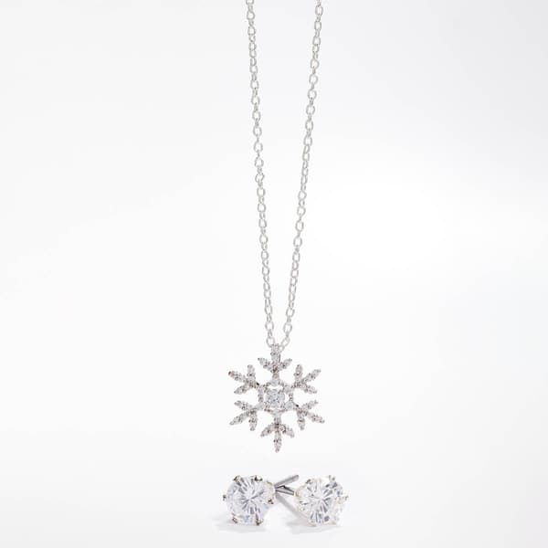 Silver-Tone CZ Snowflake Pendant & Earring Set - image 