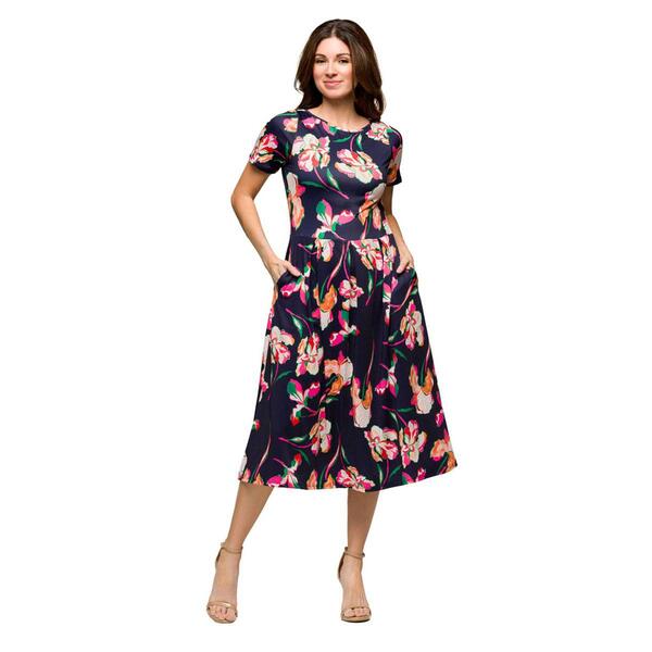Womens 24/7 Comfort Apparel Navy Floral Pleated Flare Midi Dress - image 